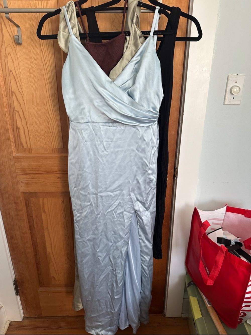 Revelry Satin V-Neck Slip Gown in Light Blue